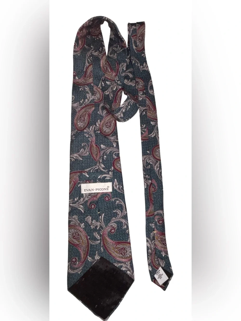 EVAN PICONE Paisley in Teal Green, Gray, and Pink/Cranberry Silk Tie